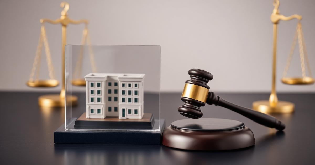 Maquete de prédio empresarial protegida por placa de vidro ao lado de um martelo de juiz, com balanças douradas ao fundo