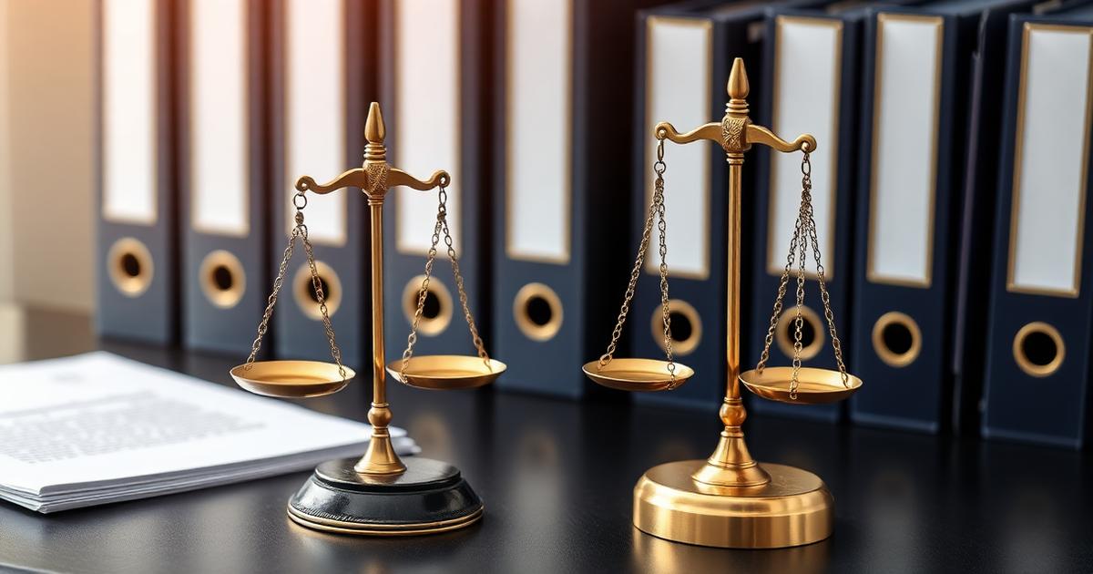 Balanças de justiça douradas sobre mesa escura ao lado de pastas de arquivos funcionais