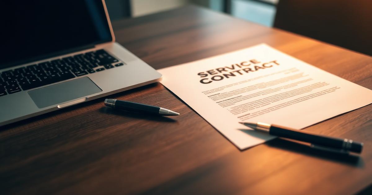 Contrato de prestação de serviços sobre mesa de escritório corporativo