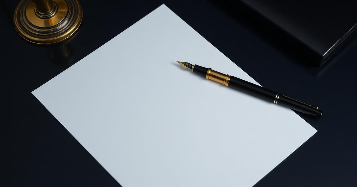 Documento contratual em branco e caneta tinteiro sobre mesa escura com detalhe dourado